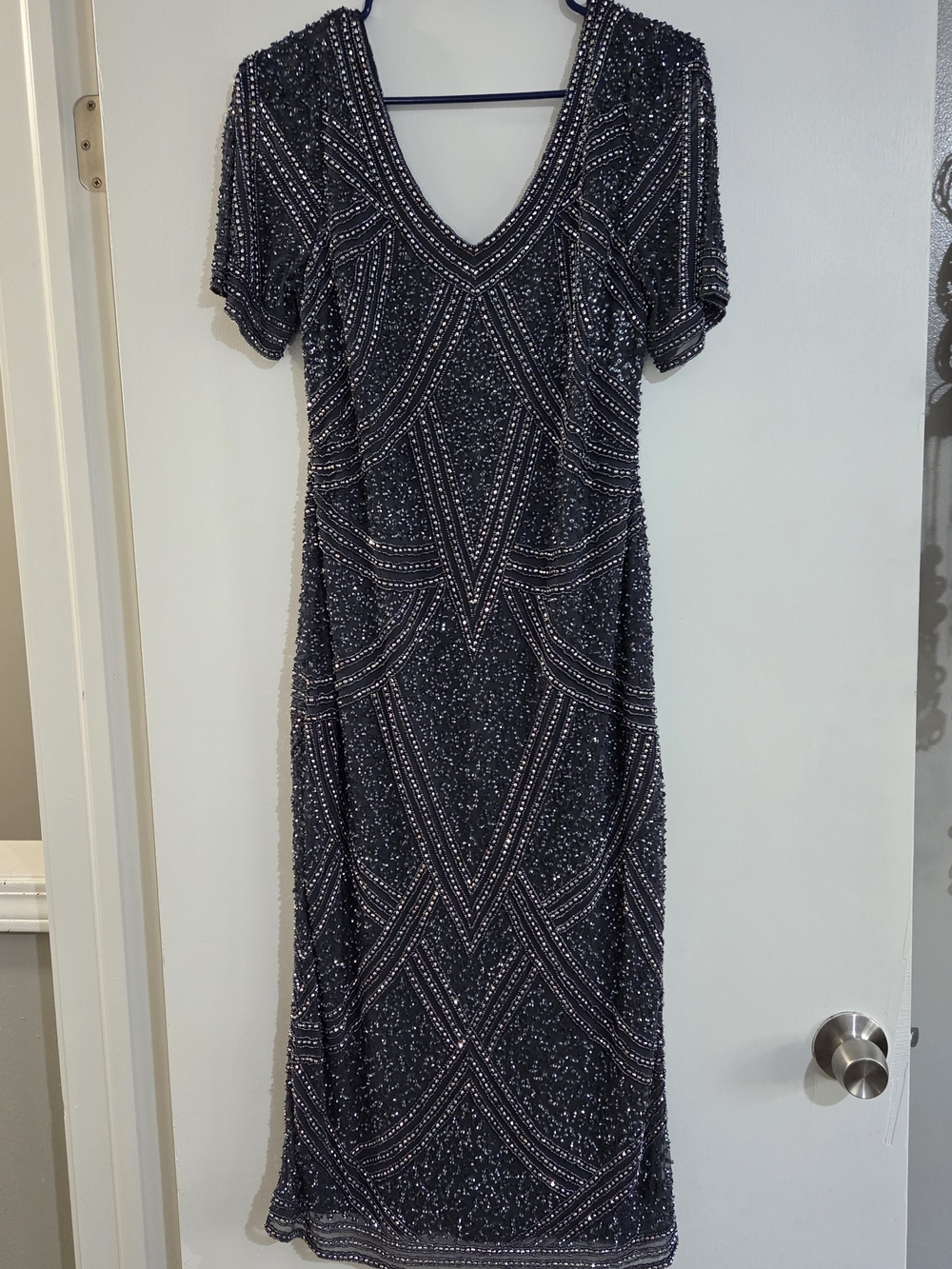 NWOT Pisarro Nights Size 8 Beaded Short Sleeve Midi Dress Slate Blue